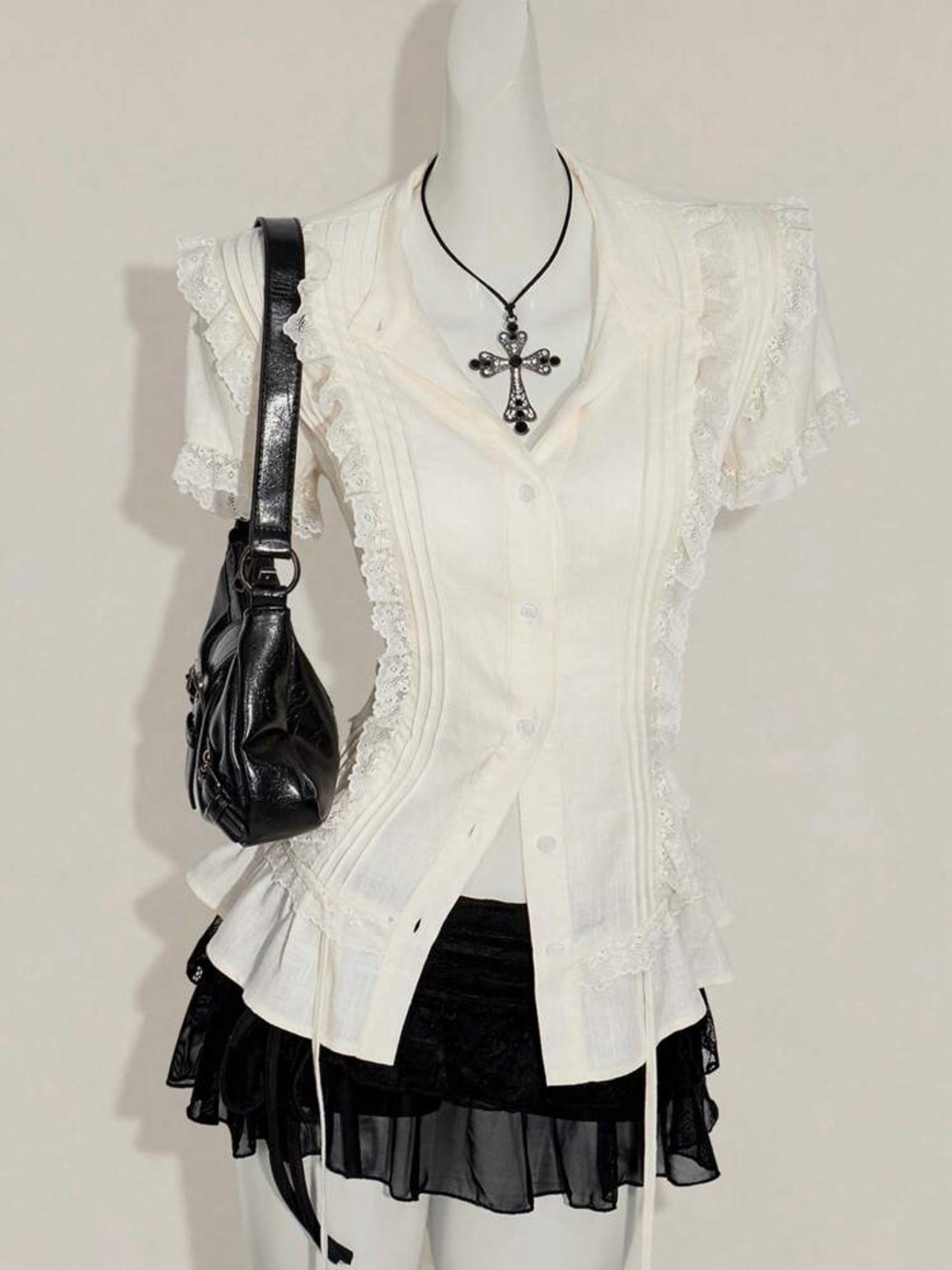 SHEIN Ivory Lace-Trim Button Front Blouse